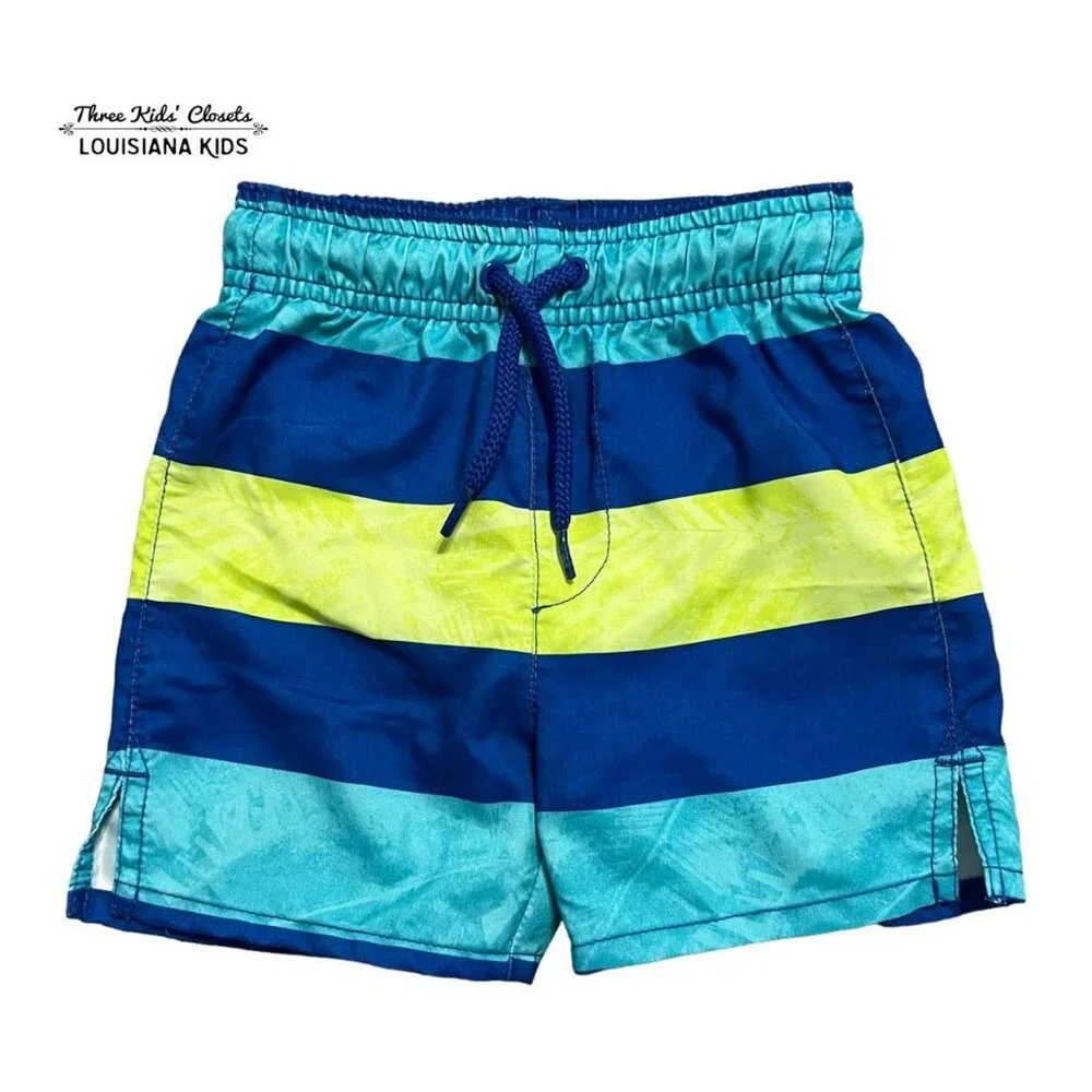 Place Sport 12-18m Blue & Neon Yellow Striped Swim Trunks